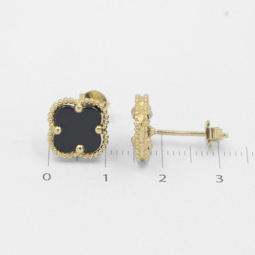 Arete de Oro 14k Trébol de Ónix con Bisel Brillante mod. 7742