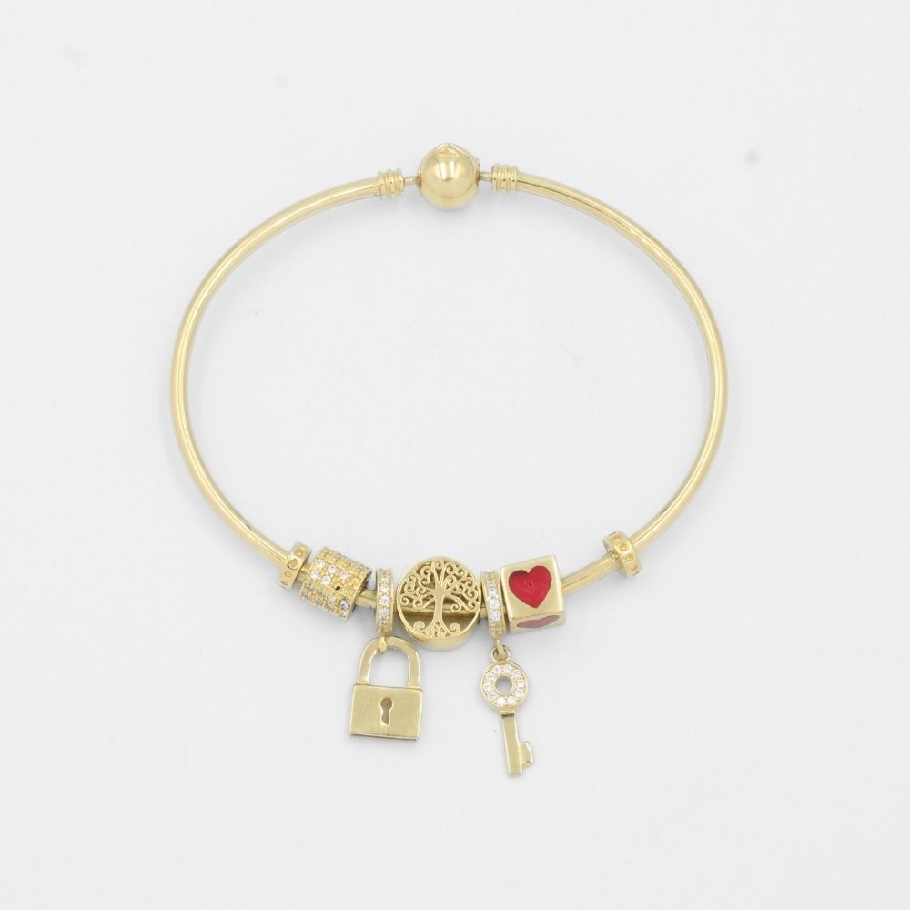 Pulsera de Oro 14k de Diseño Tubular Hueco y Rígido con Charms Especiales mod. 7787