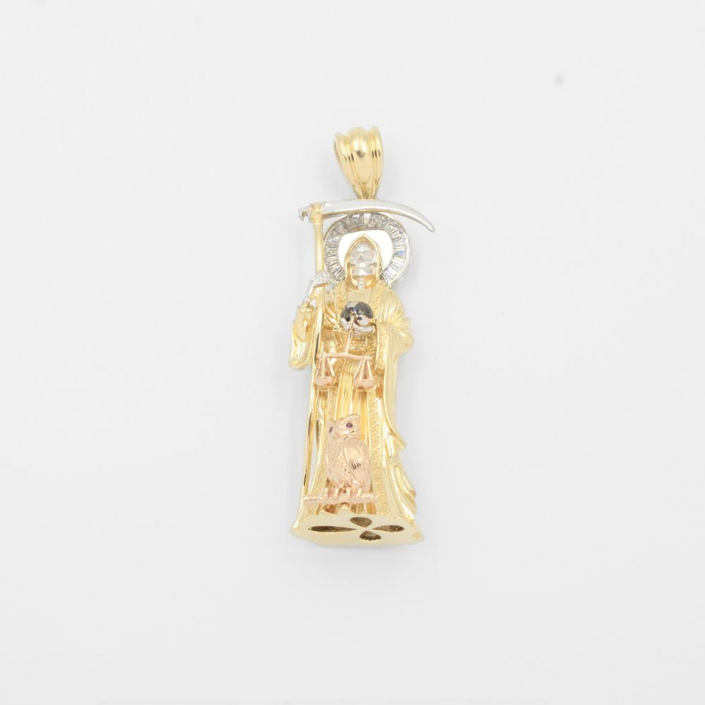 Dije de Oro 14k Santa Muerte Hueca de Diseño Brillante con Zirconias mod. 8008