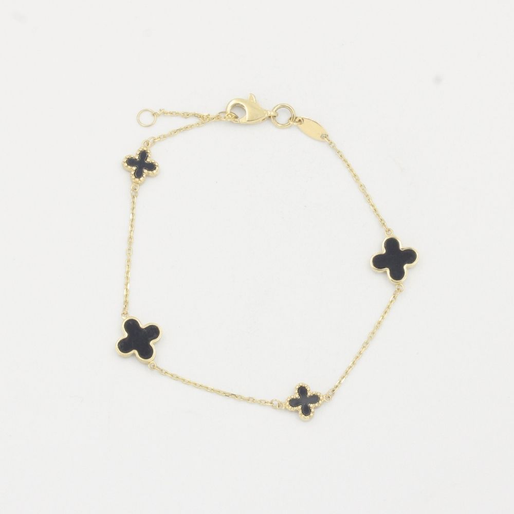 Pulsera de Oro 14k de Tréboles de Ónix en Tejido Fino mod. 7748