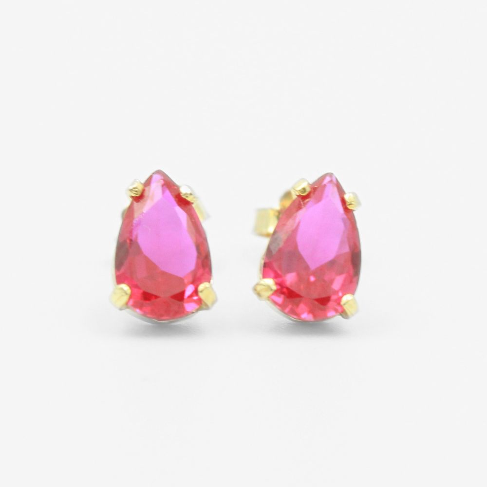 Arete de Oro 14k Gota de Zirconia Color Fucsia mod. 8234