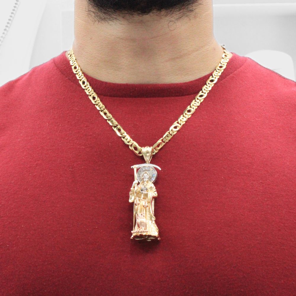 Dije de Oro 14k Santa Muerte Hueca de Diseño Brillante con Zirconias mod. 8008