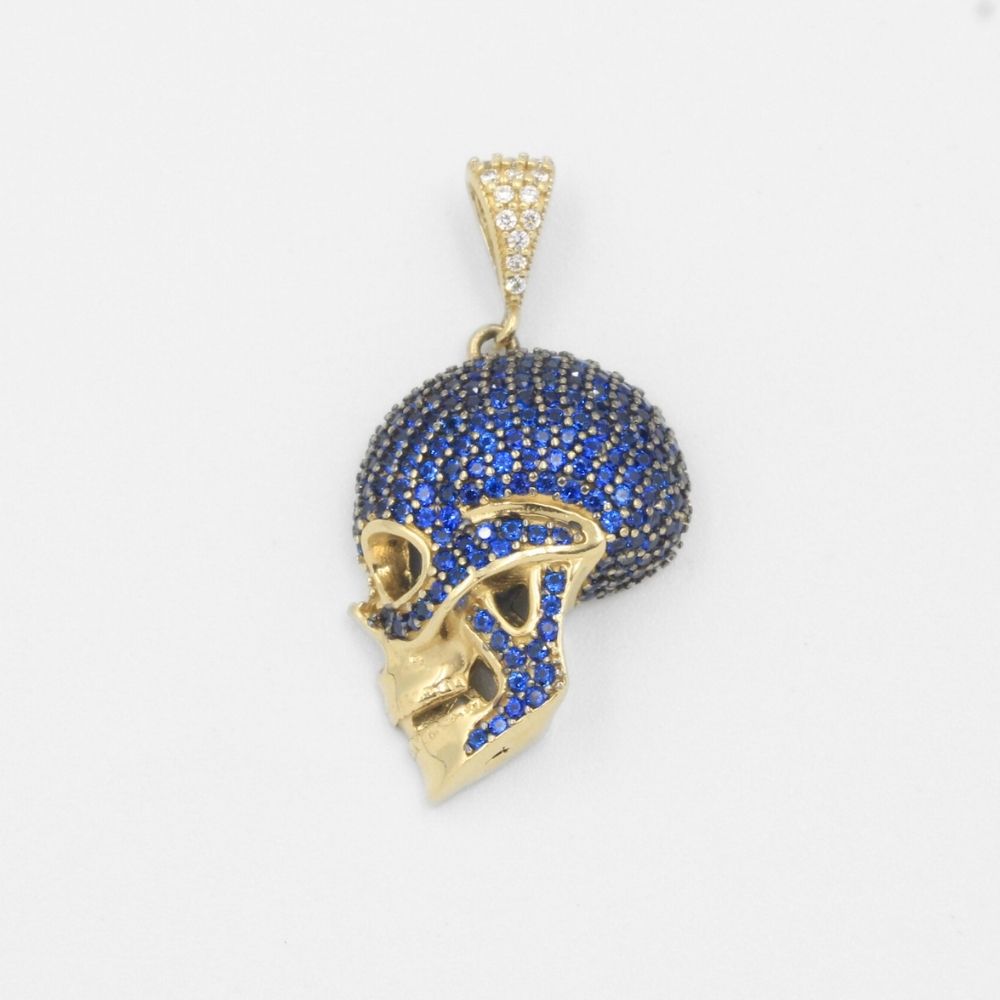 Dije de Oro 14k Craneo Zafiro con Zirconias Azul Brillante en Diseño Hueco mod. 7701