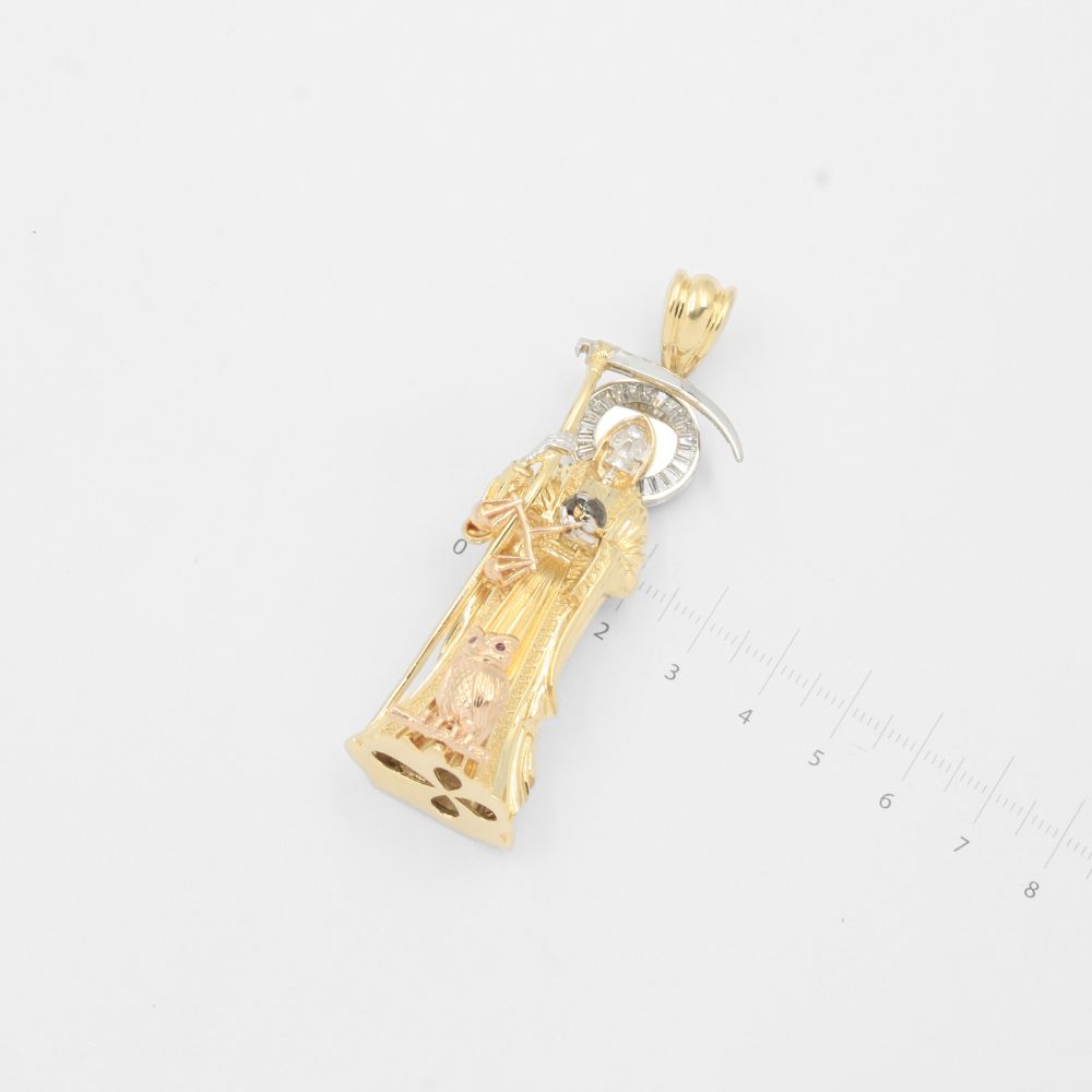 Dije de Oro 14k Santa Muerte Hueca de Diseño Brillante con Zirconias mod. 8008