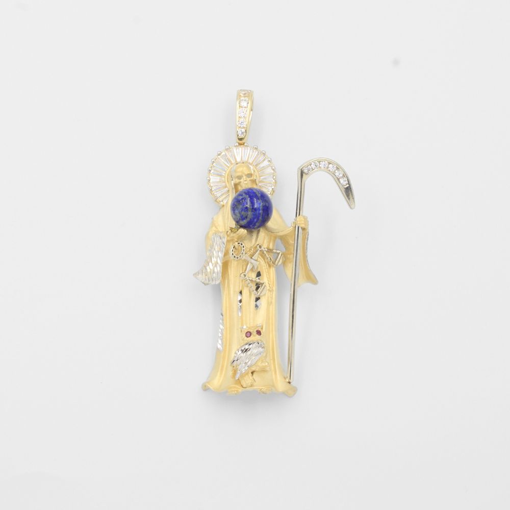 Dije de Oro 14k Santa Muerte con Diamantado y Mundo de Lapislazuli mod. 8009