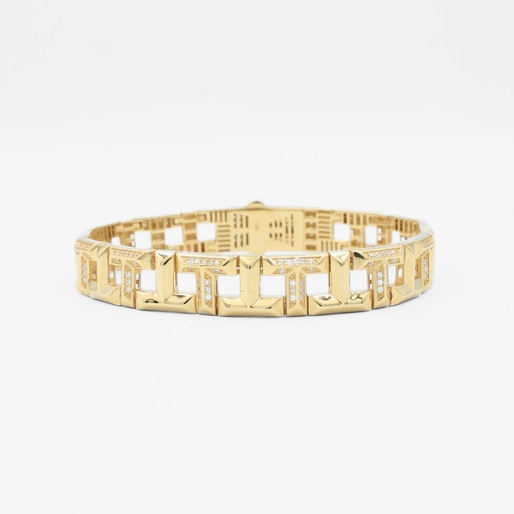 Pulsera de Oro 14k Especial de Diseño Hueco de Eslabones Cuadrados con Zirconias mod. 8663