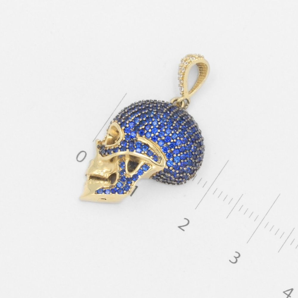 Dije de Oro 14k Craneo Zafiro con Zirconias Azul Brillante en Diseño Hueco mod. 7701