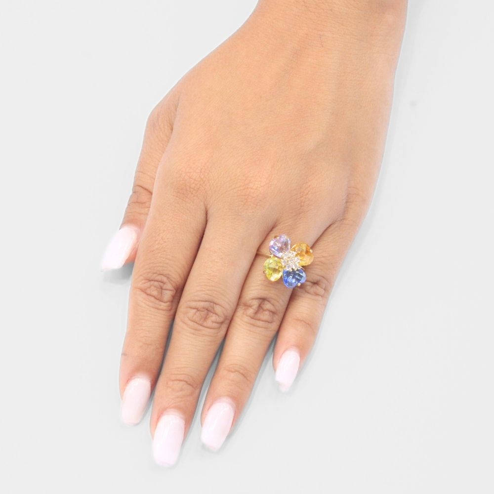 Anillo de Oro 14k Trébol con Zirconias de Colores de Diseño Facetado mod. 8052