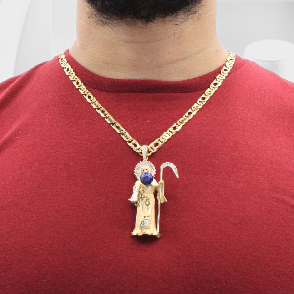 Dije de Oro 14k Santa Muerte con Diamantado y Mundo de Lapislazuli mod. 8009