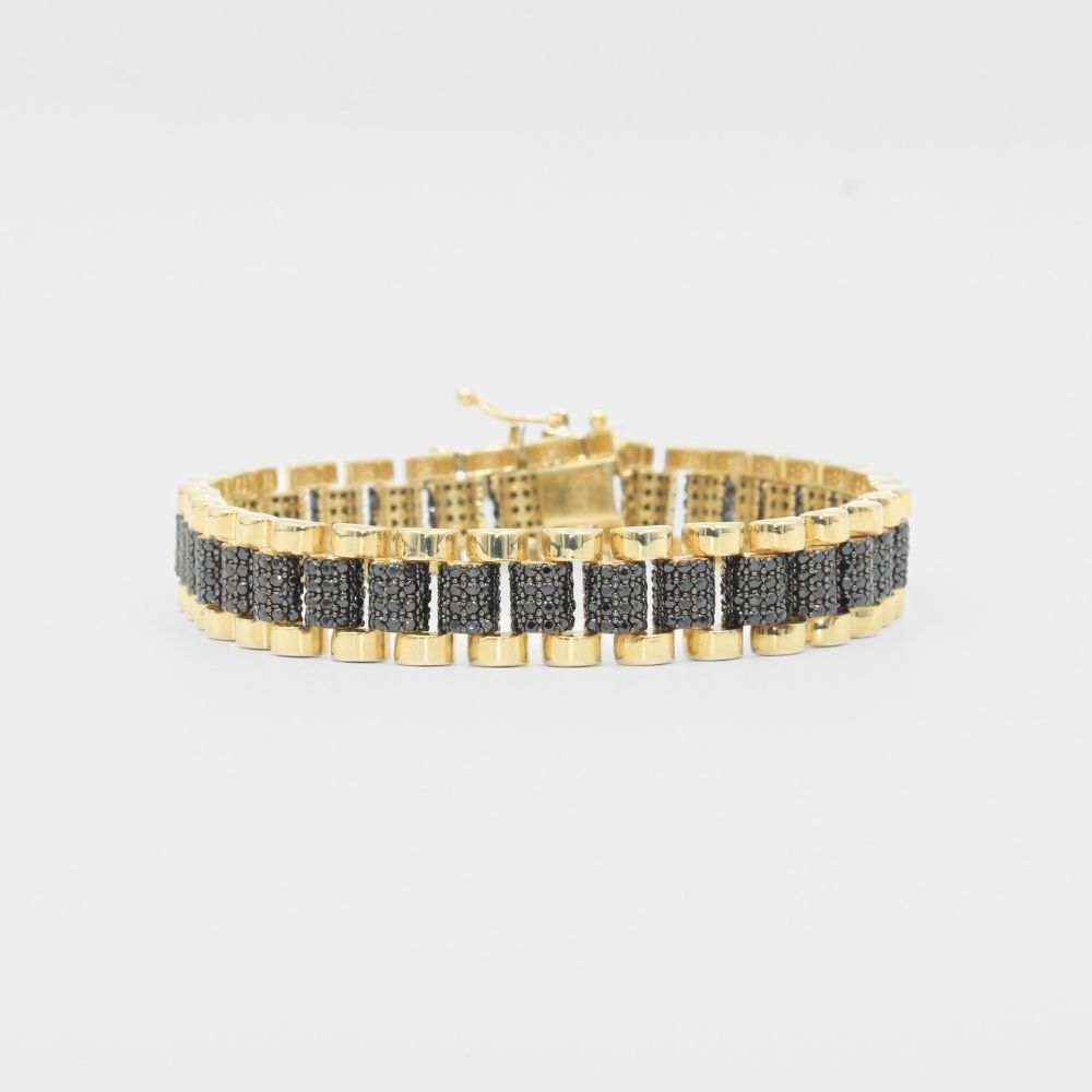 Pulsera de Oro 14k Hueca de Tejido Oyster Grueso con Zirconias Oscuras mod. 8134