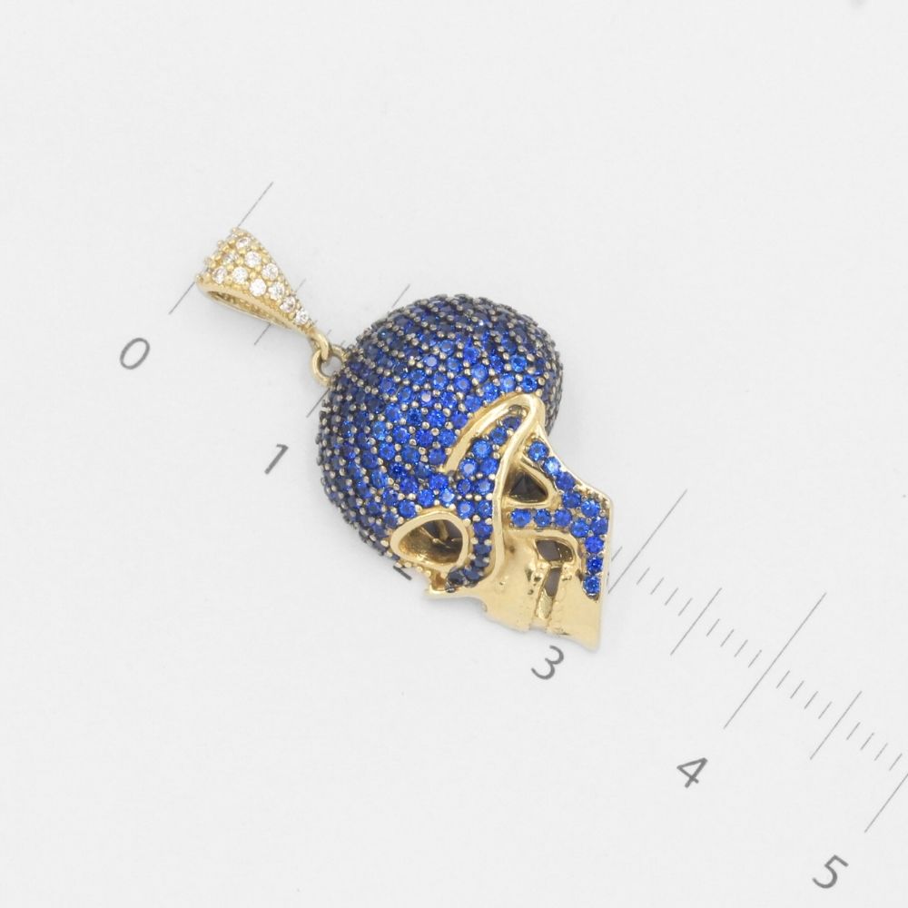 Dije de Oro 14k Craneo Zafiro con Zirconias Azul Brillante en Diseño Hueco mod. 7701