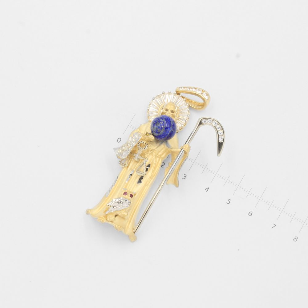 Dije de Oro 14k Santa Muerte con Diamantado y Mundo de Lapislazuli mod. 8009