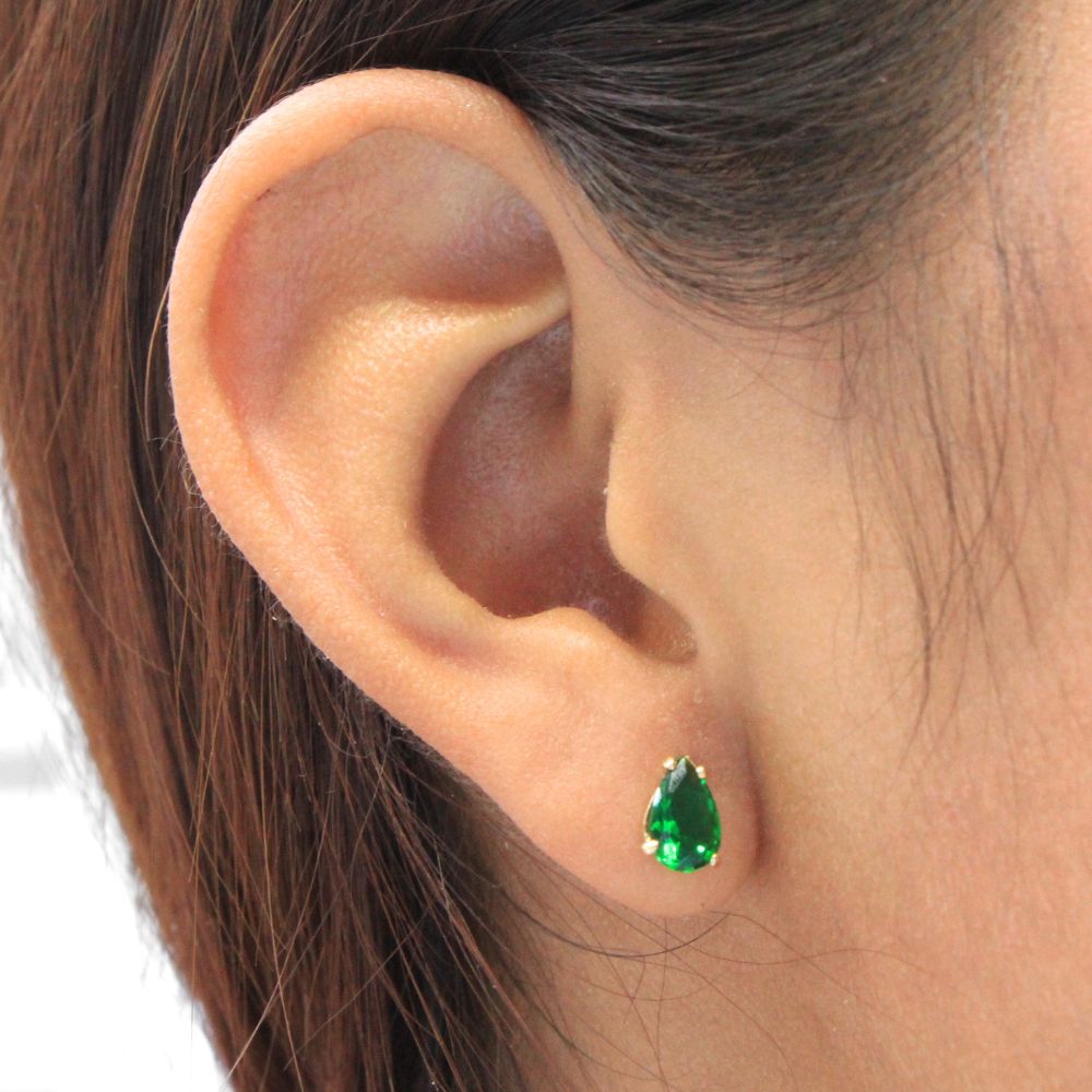 Arete de Oro 14k Gota de Zirconia Color Verde Esmeralda mod. 8235