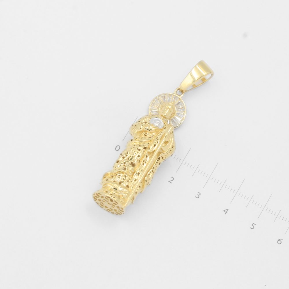 Dije de Oro 14k San Judas Hueco de Diseño Calado y Aura de Zirconias Baguette mod. 7868