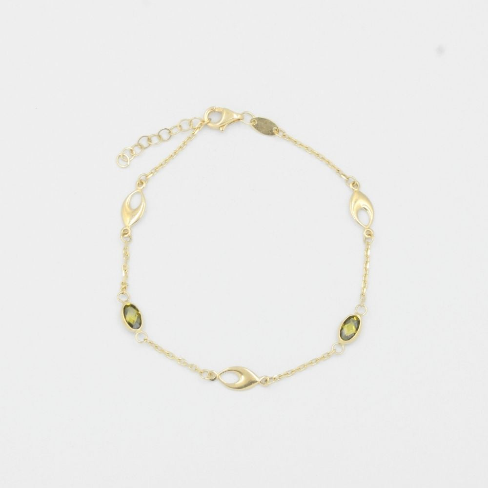 Pulsera de Oro 14k con Eslabones Finos Huecos y Zirconias Color Verde Olivo mod. 8201