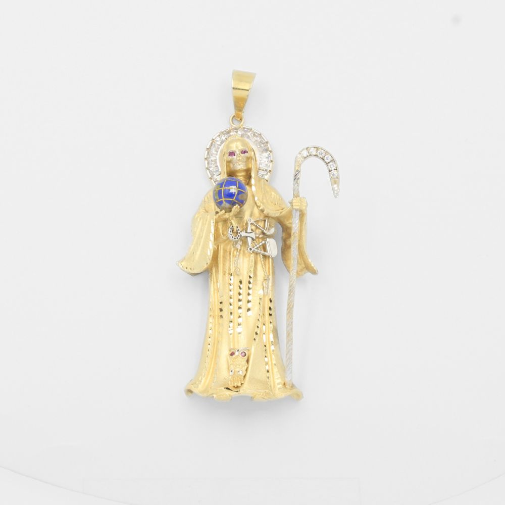 Dije de Oro 14k Santa Muerte Especial de Tamaño Max con Diamantado y Zirconias mod. 8010