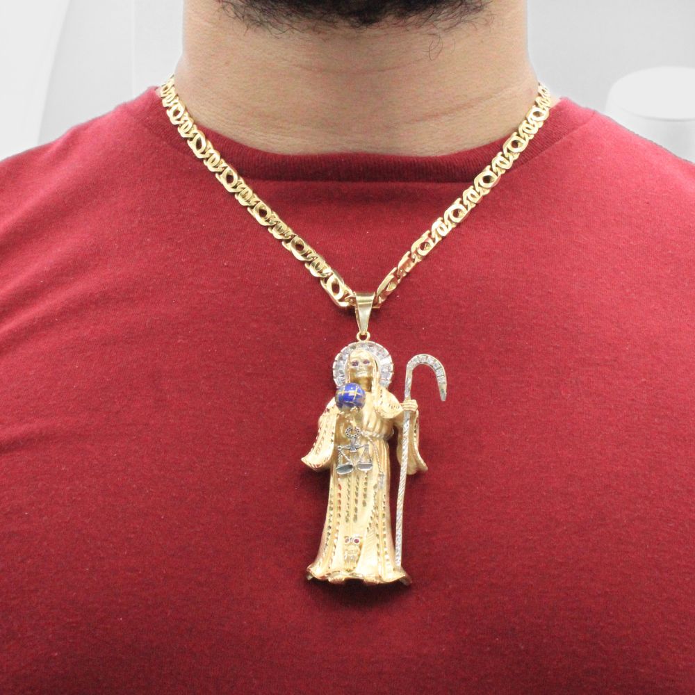 Dije de Oro 14k Santa Muerte Especial de Tamaño Max con Diamantado y Zirconias mod. 8010