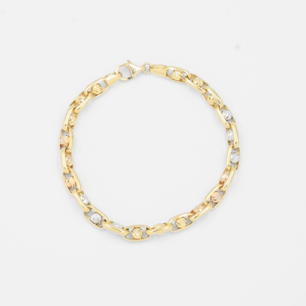 Pulsera de Oro 14k de Diseño Hueco con Eslabones Combinados con Esferas Diamantadas mod. 8002