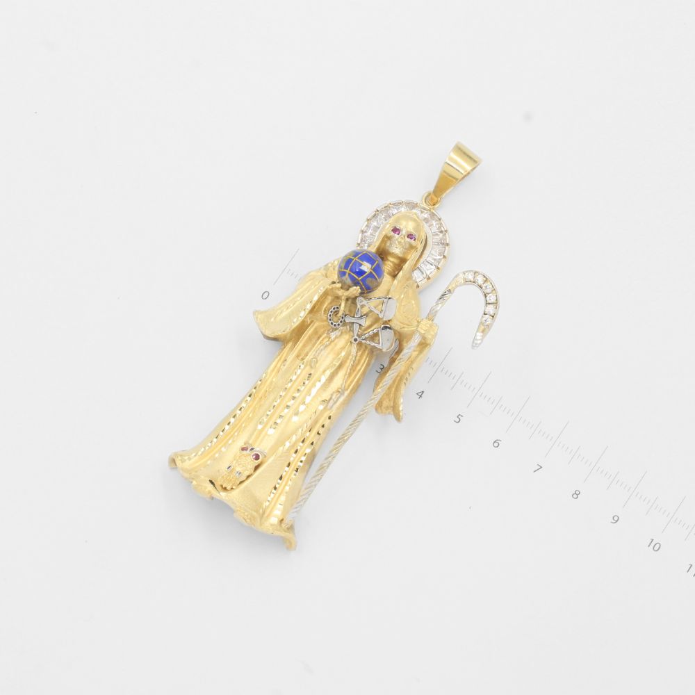 Dije de Oro 14k Santa Muerte Especial de Tamaño Max con Diamantado y Zirconias mod. 8010