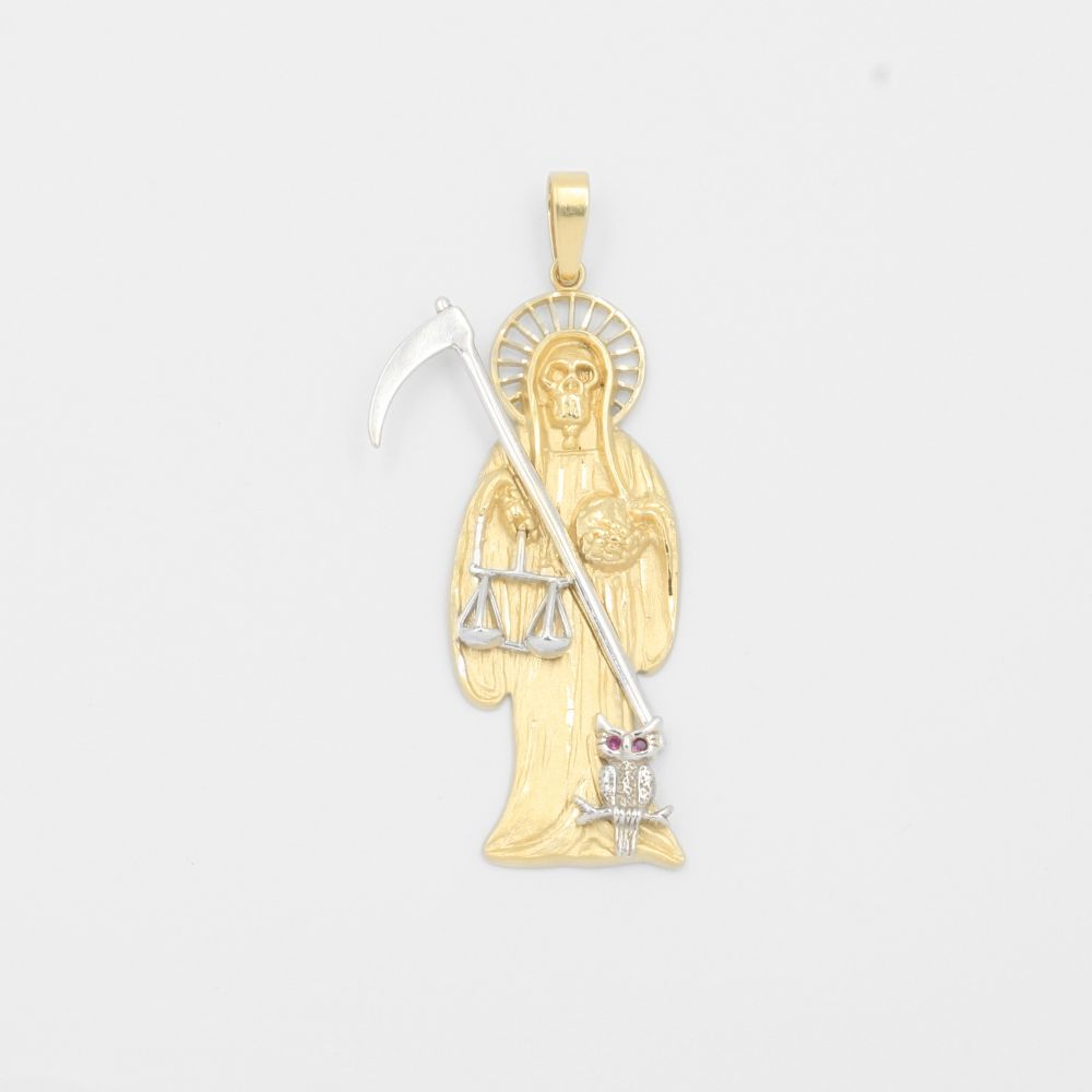 Dije de Oro 14k Santa Muerte de Diseño Plano y Sólido con Zirconias mod. 8011