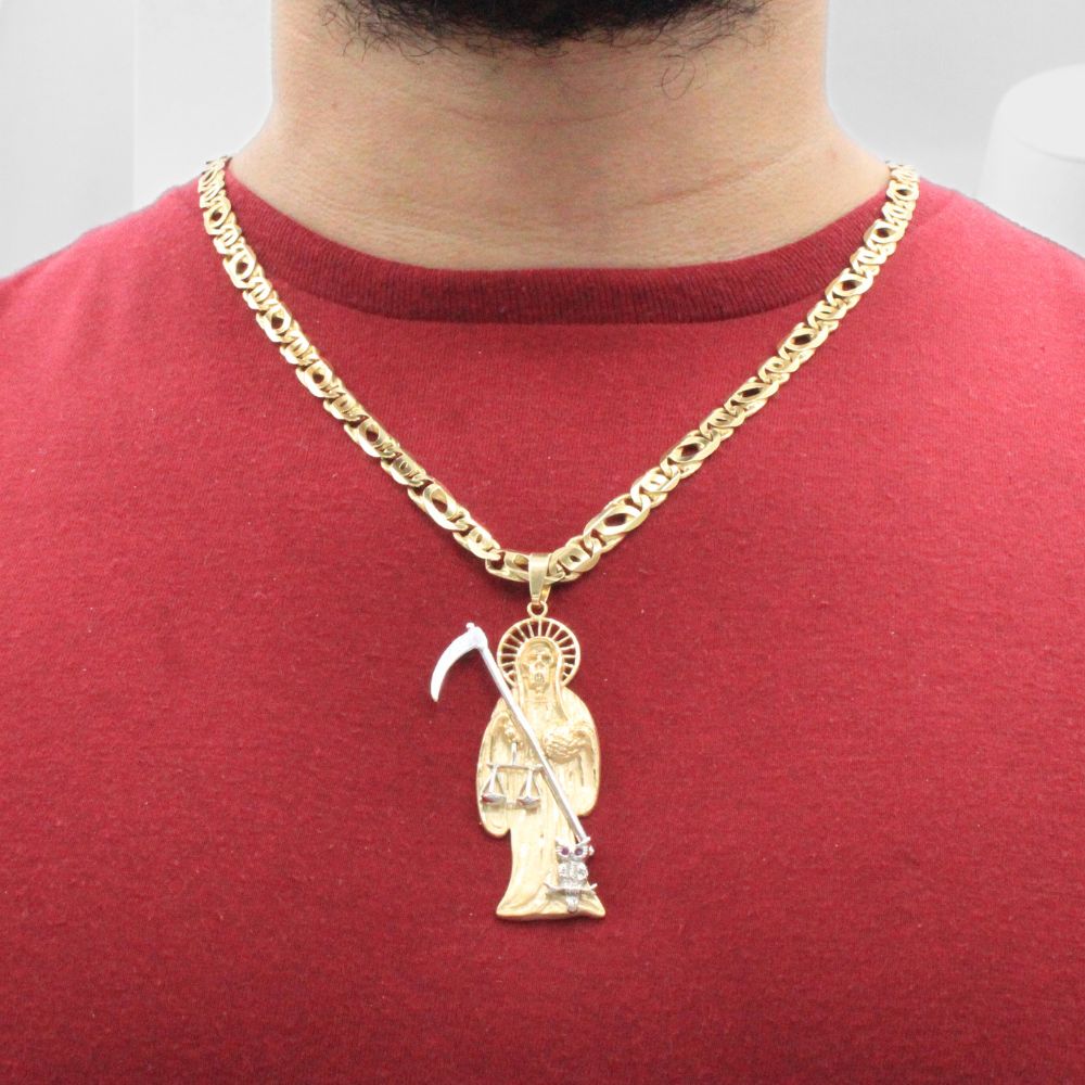 Dije de Oro 14k Santa Muerte de Diseño Plano y Sólido con Zirconias mod. 8011