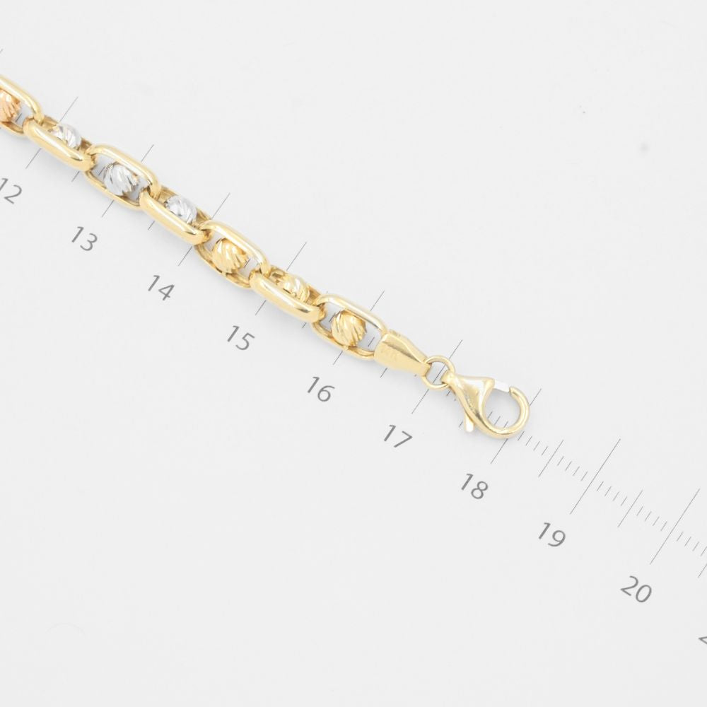 Pulsera de Oro 14k de Diseño Hueco con Eslabones Combinados con Esferas Diamantadas mod. 8002