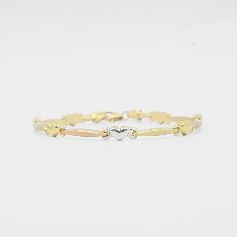 Pulsera de Oro 14k Hueca con Corazones Eslabones Mate mod. 8136