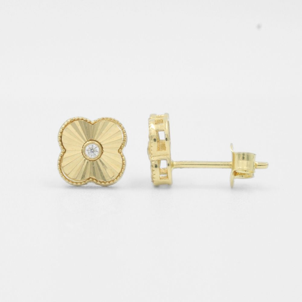 Arete de Oro 14k Trébol Hueco con Diamantado y Zirconia Central mod. 7778