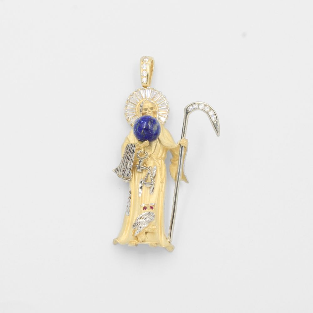 Dije de Oro 14k Santa Muerte con Mundo de Lapislazuli y Diamantado Fino mod. 8012