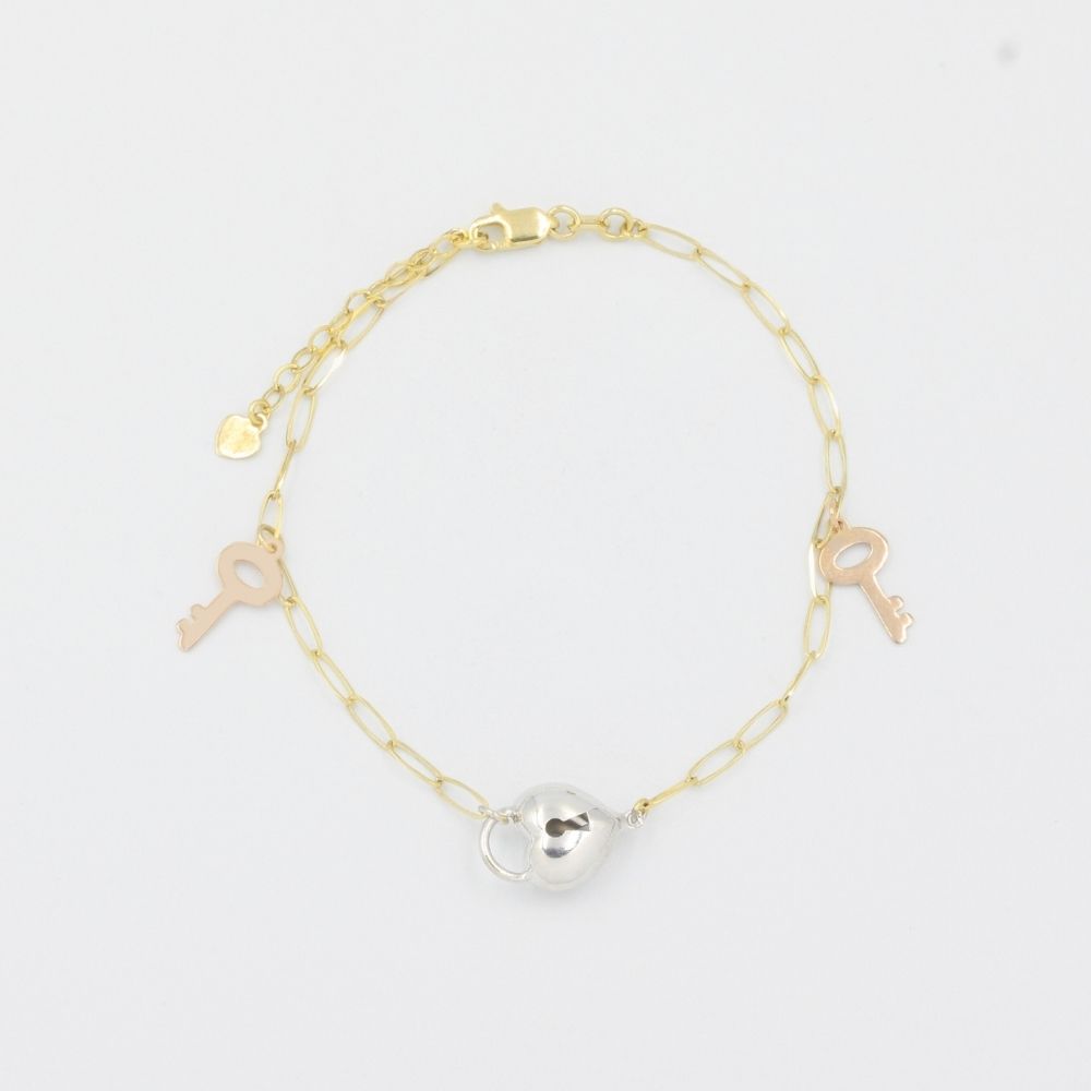 Pulsera de Oro 14k Llaves con Corazón de Candado Hueco mod. 8203