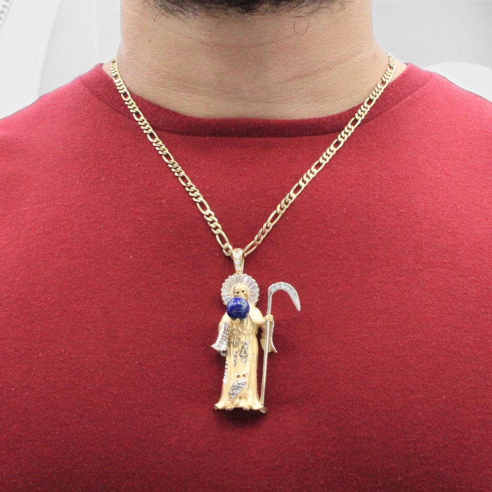 Dije de Oro 14k Santa Muerte con Mundo de Lapislazuli y Diamantado Fino mod. 8012