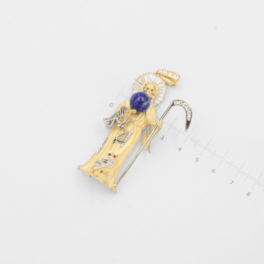 Dije de Oro 14k Santa Muerte con Mundo de Lapislazuli y Diamantado Fino mod. 8012