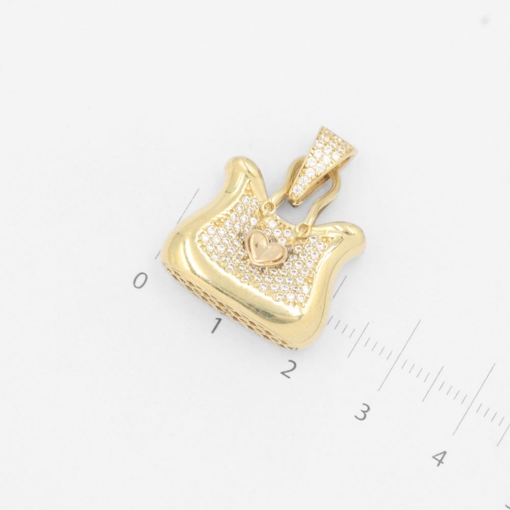 Dije de Oro 14k Bolsa de Corazón Hueca con Incrustación de Zirconias mod. 7819