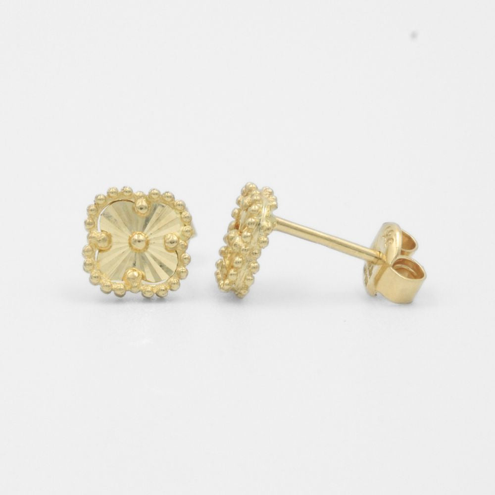 Arete de Oro 14k Trébol Hueco con Diamantado y Bisel de Esferas mod. 7779