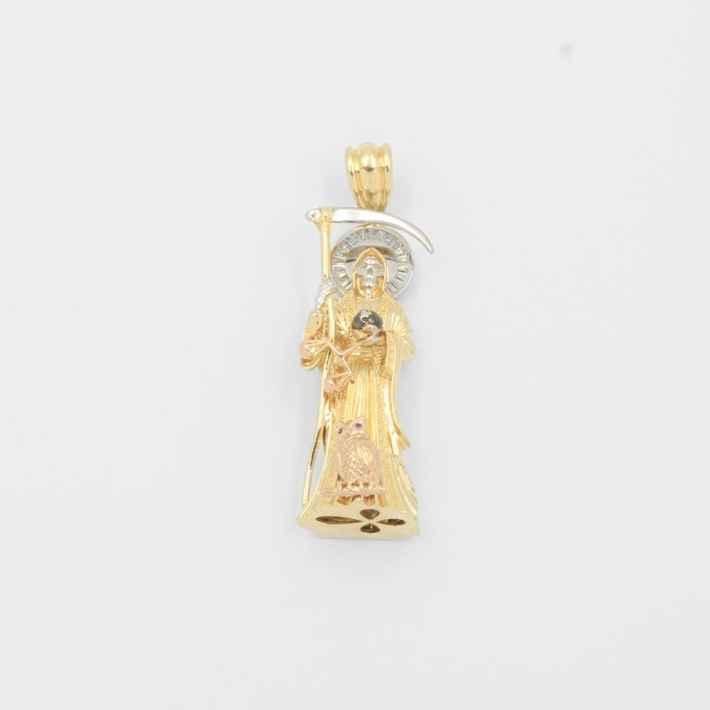 Dije de Oro 14k Santa Muerte de Diseño Hueco con Incrustación de Zirconias mod. 8013