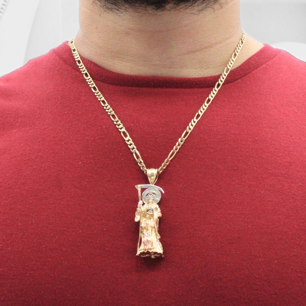 Dije de Oro 14k Santa Muerte de Diseño Hueco con Incrustación de Zirconias mod. 8013