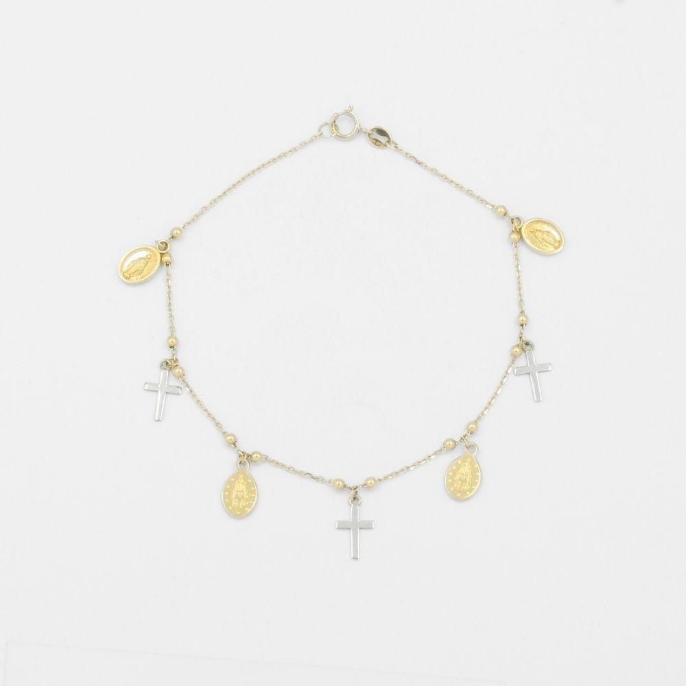 Pulsera de Oro 14k Religiosa con Virgen María y Cruces mod. 8204