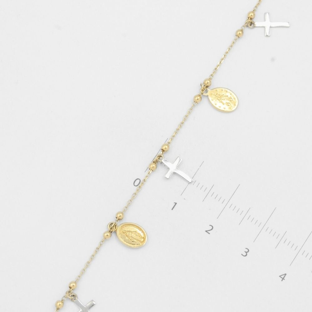 Pulsera de Oro 14k Religiosa con Virgen María y Cruces mod. 8204