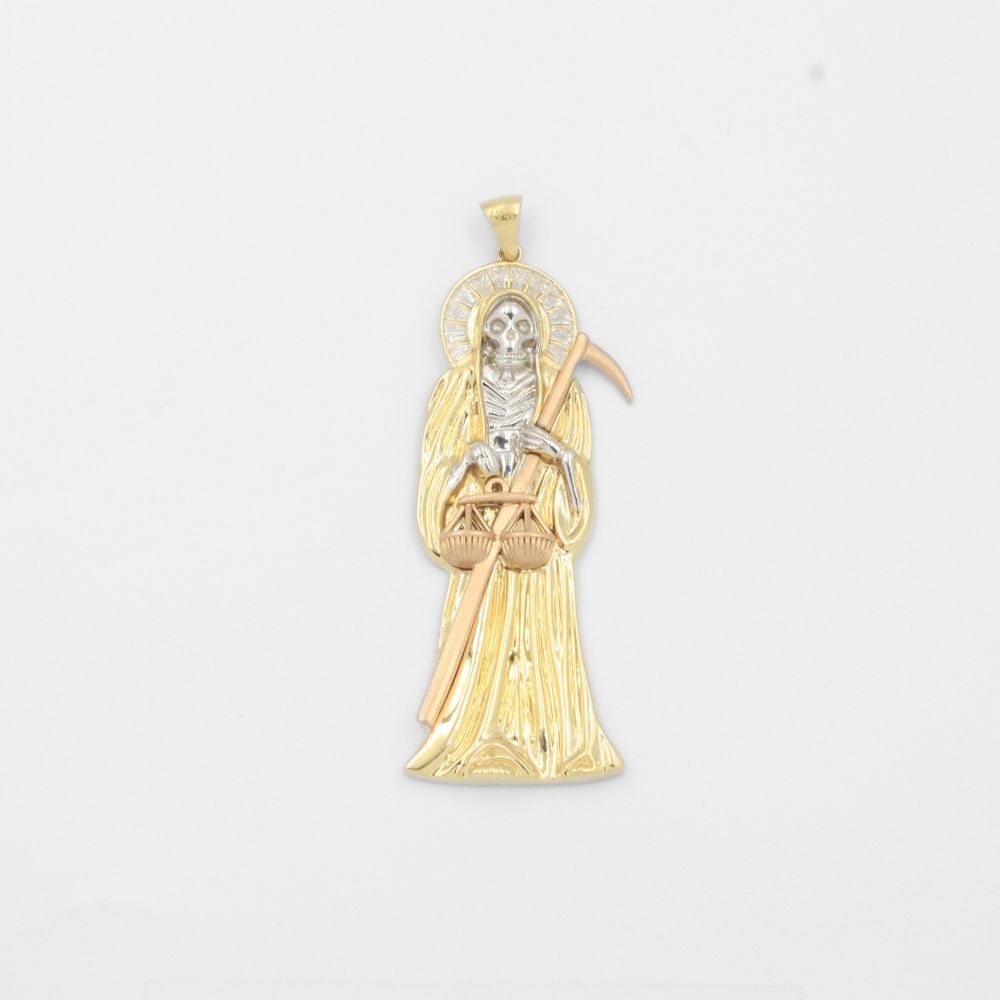 Dije de Oro 14k Santa Muerte de Estilo Plano Sólido con Zirconais Baguette mod. 8015