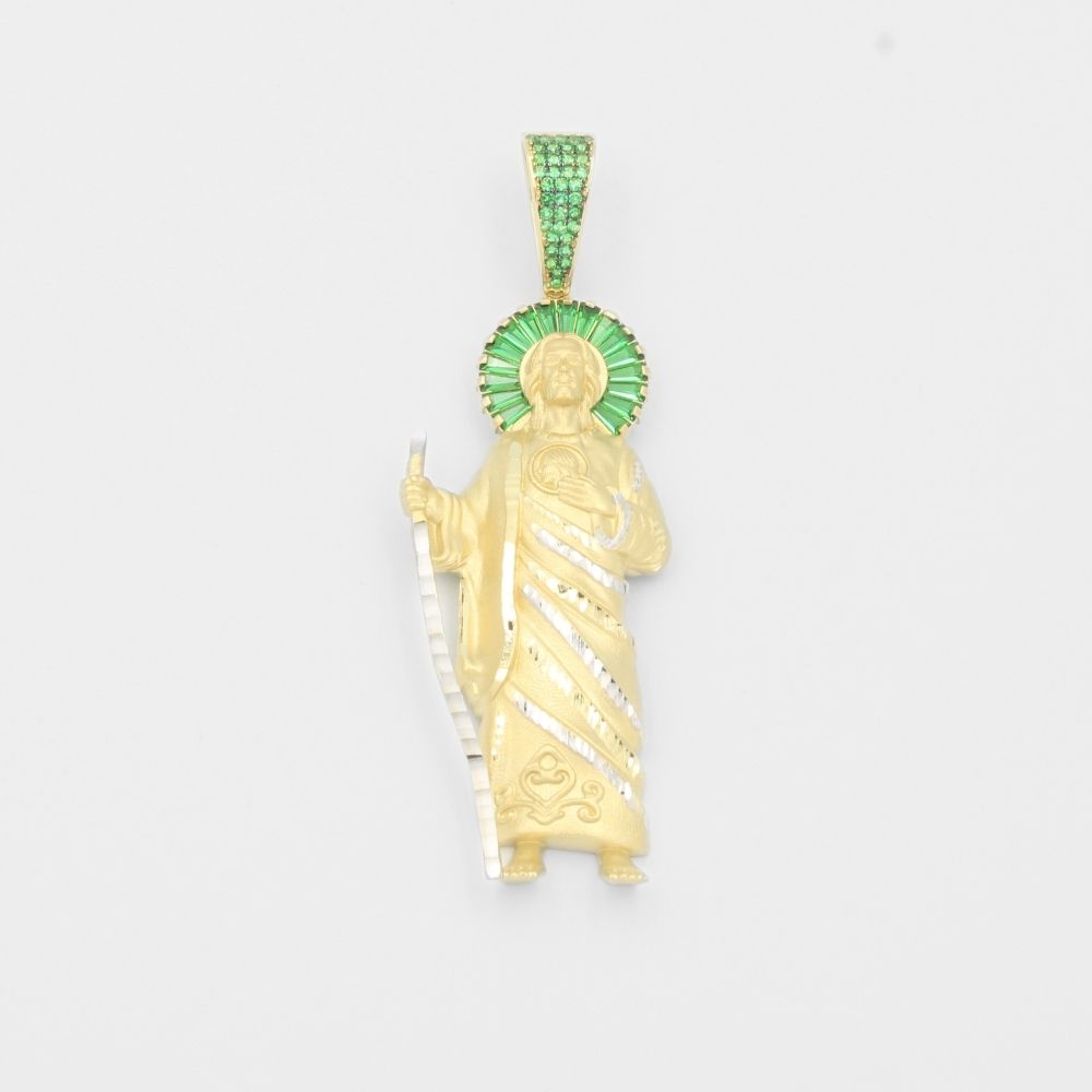 Dije de Oro 14k San Judas Hueco con Aura de Zirconias Verdes mod. 7923