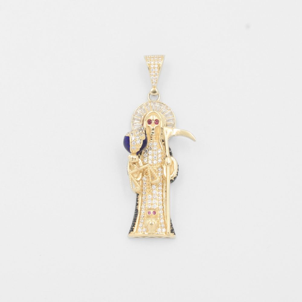 Dije de Oro 14k Santa Muerte de Diseño Hueco con Capa de Zirconias Oscuras mod. 8014