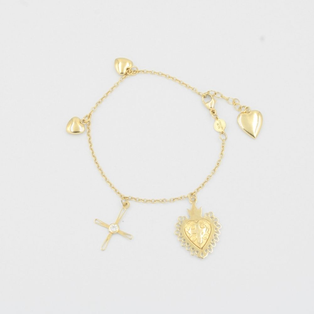 Pulsera de Oro 14k con Sagrado Corazón y Cruz con Zirconia mod. 8131