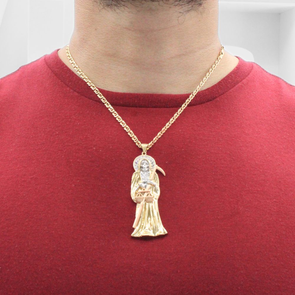 Dije de Oro 14k Santa Muerte de Estilo Plano Sólido con Zirconais Baguette mod. 8015