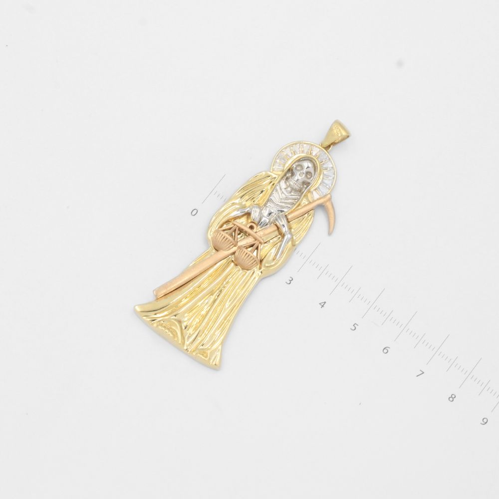 Dije de Oro 14k Santa Muerte de Estilo Plano Sólido con Zirconais Baguette mod. 8015