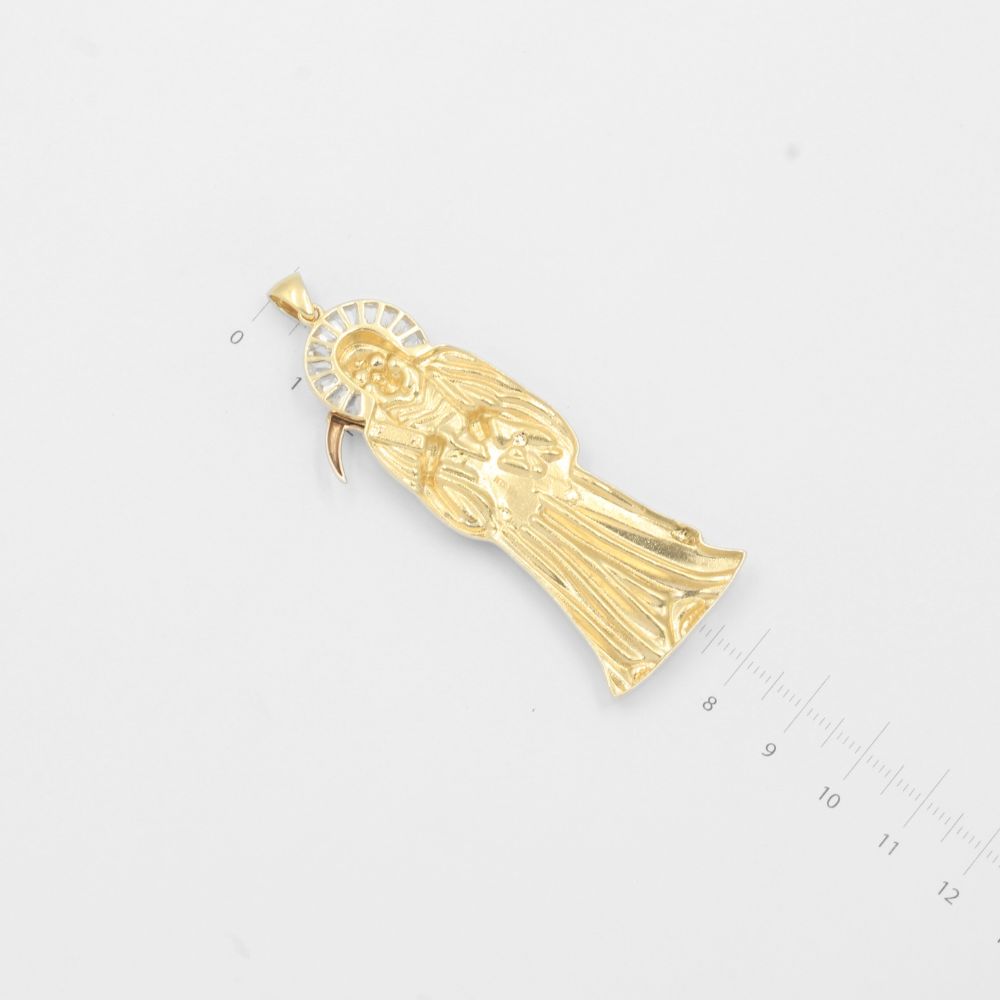 Dije de Oro 14k Santa Muerte de Estilo Plano Sólido con Zirconais Baguette mod. 8015