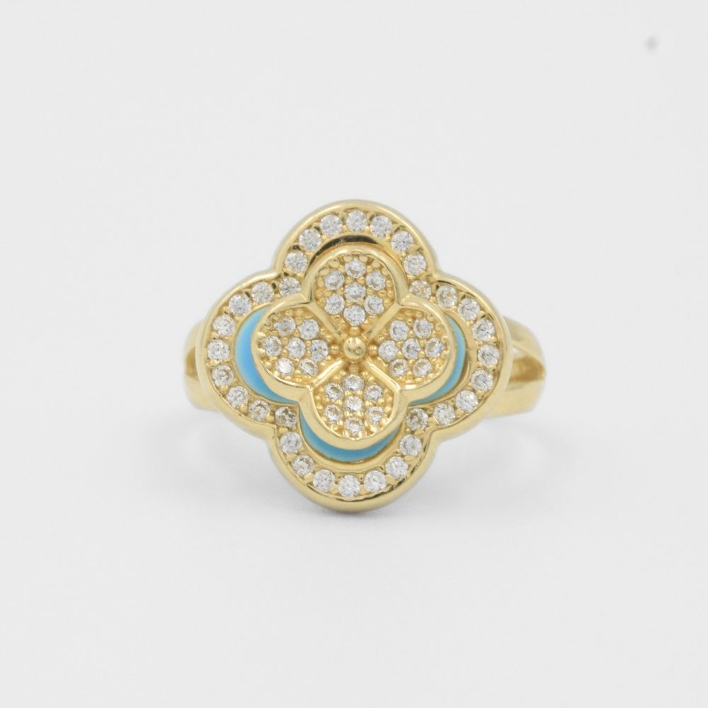 Anillo de Oro 14k Flor con Esmalte Azul Incrustado con Zirconias Finas mod. 8059