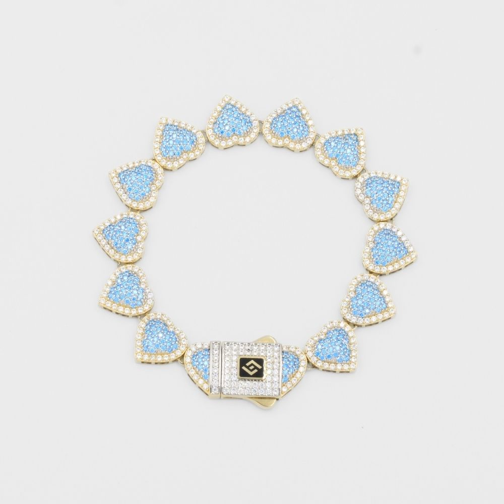 Pulsera de Oro 14k Hueca con Corazones Finos Incrustados de Zirconias Azules mod. 8140