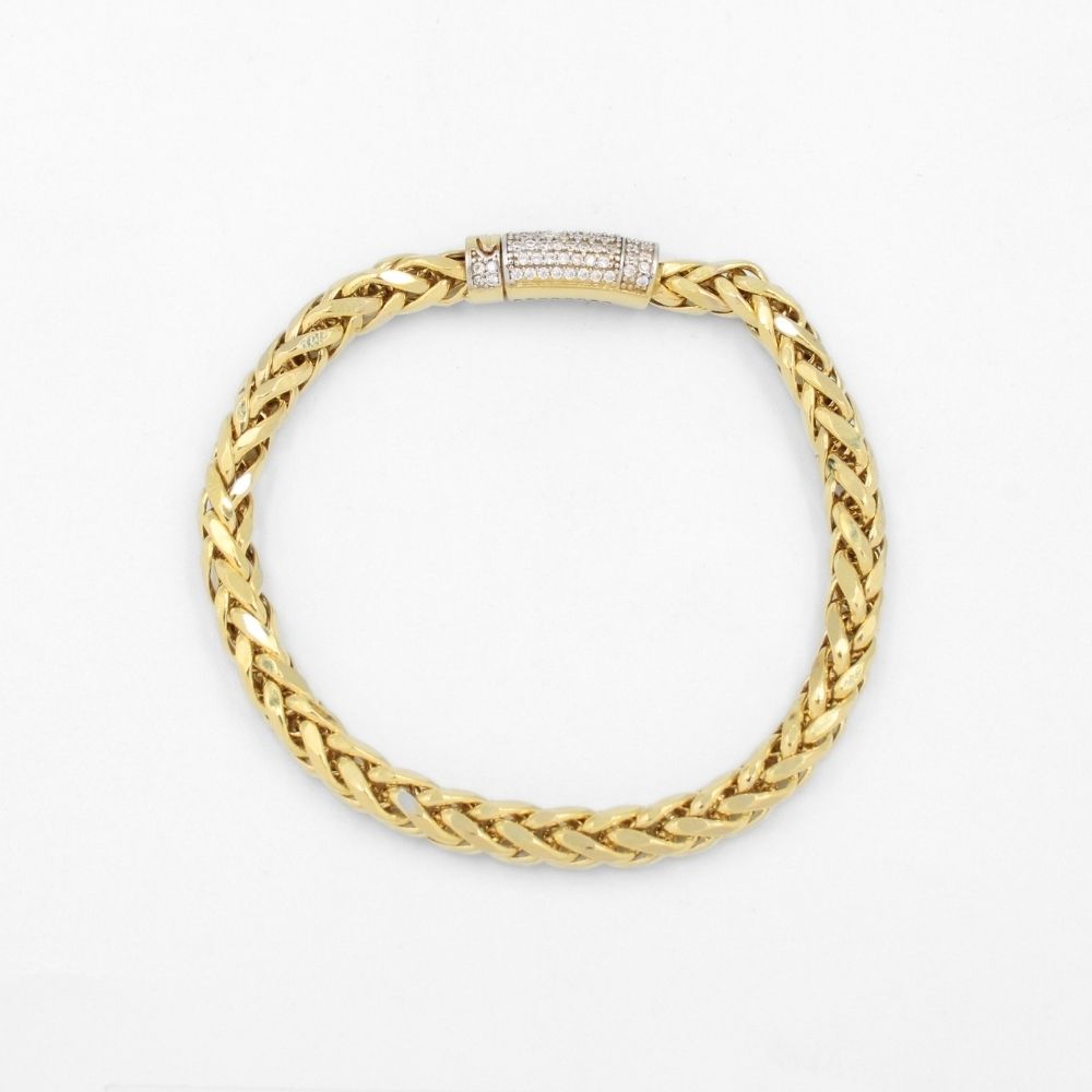 Pulsera de Oro 14k Tejido Espiga Hueca con Broche Incrustado con Zirconias mod. 8702