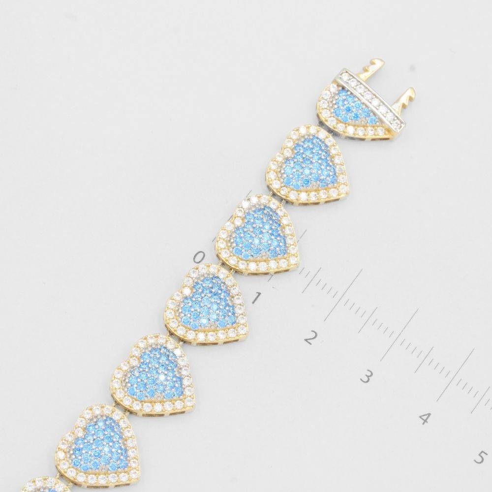 Pulsera de Oro 14k Hueca con Corazones Finos Incrustados de Zirconias Azules mod. 8140