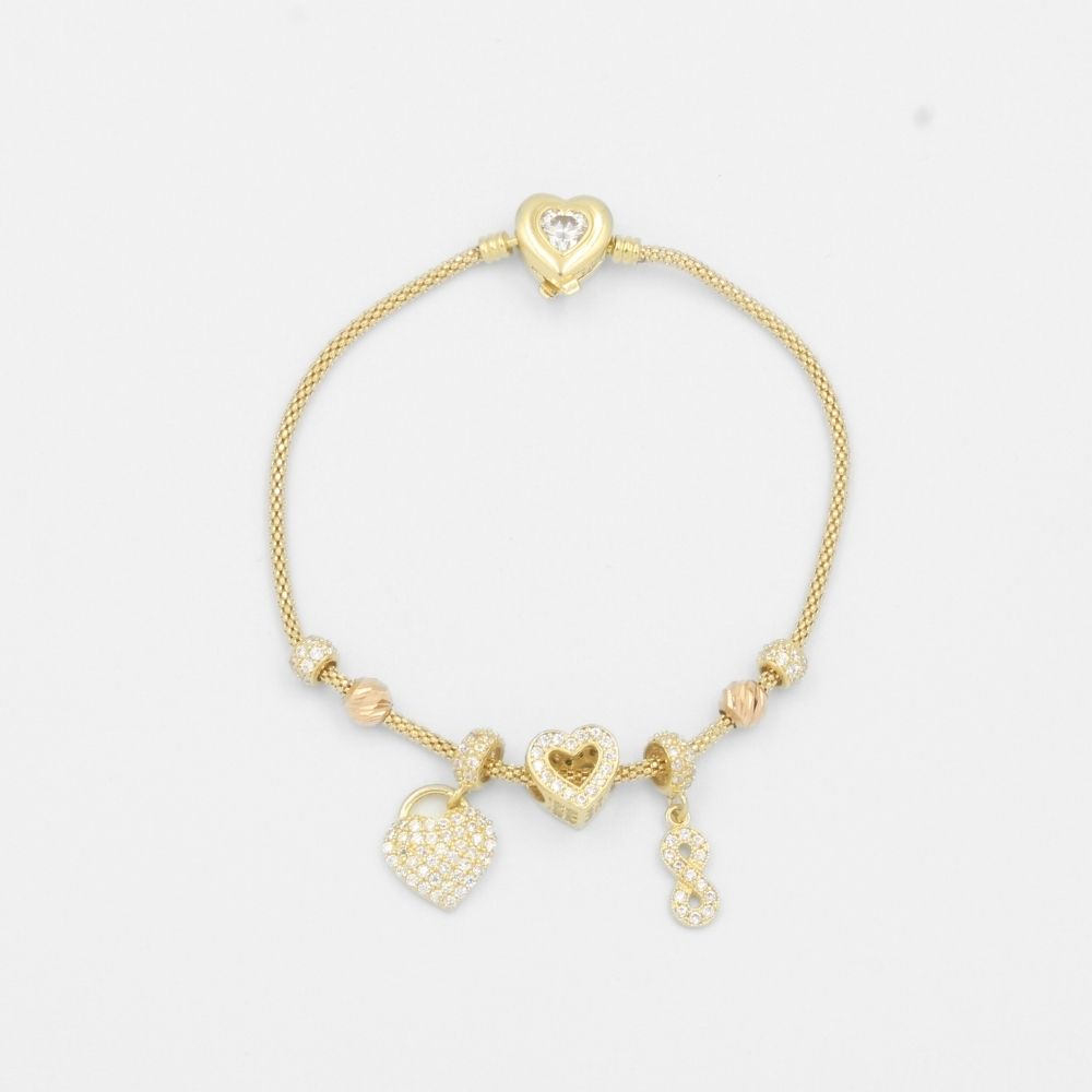 Pulsera de Oro 14k de Tejido Flexible con Charms Incrustados de Zirconias mod. 7955